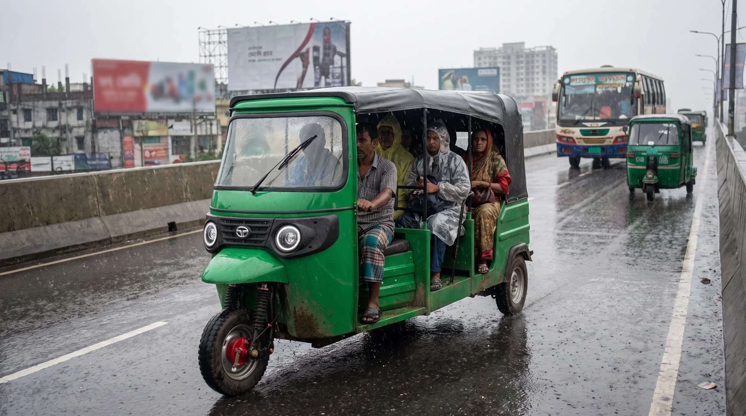 বর্ষার বৃষ্টিতে ছয়জন যাত্রী নিয়ে মহাখালী ফ্লাইওভারের ঢাল বেয়ে উঠছে একটি ওটোম্যাক্স+। কনসেপ্ট ছবি: ডিফাইন্ড সল্যুশন।
