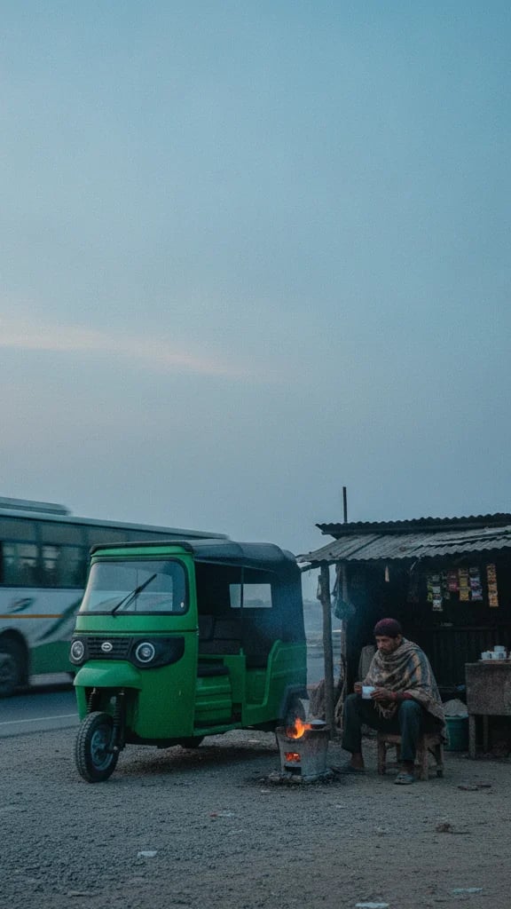 ভোরে রাস্তার পাশের চায়ের দোকানে দাঁড়ানো একটি ওটোম্যাক্স, চালকের হাতে চায়ের গ্লাস। কনসেপ্ট ছবি: ডিফাইন্ড সল্যুশন।