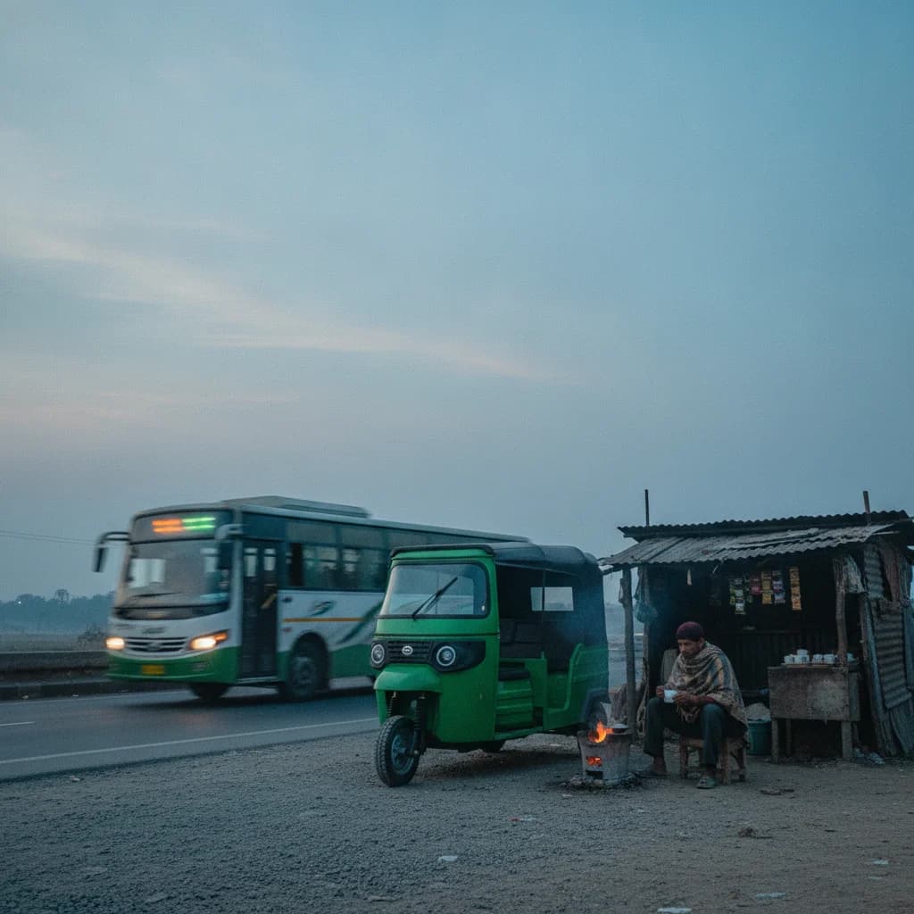 ভোরে রাস্তার পাশের চায়ের দোকানে দাঁড়ানো একটি ওটোম্যাক্স, চালকের হাতে চায়ের গ্লাস। কনসেপ্ট ছবি: ডিফাইন্ড সল্যুশন।