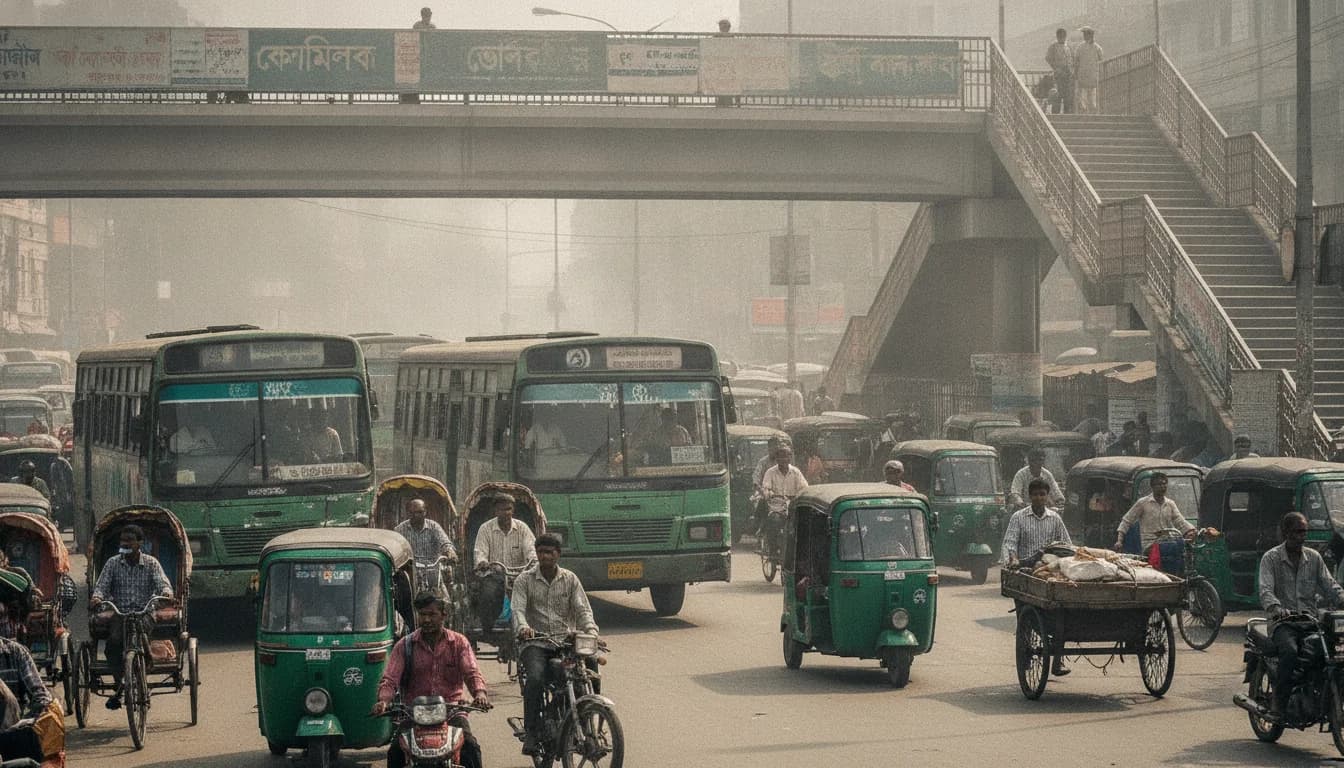 ঢাকার ফার্মগেটে বাস, রিকশা আর সিএনজির ভিড়। কনসেপ্ট ছবি: ডিফাইন্ড সল্যুশন।