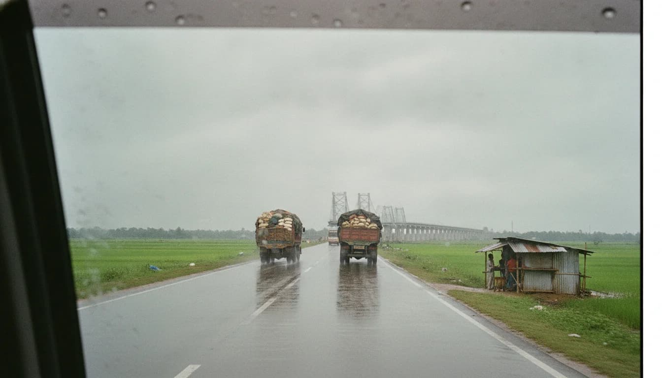 গাড়ির জানালা থেকে দেখা বর্ষার আকাশের নিচে পদ্মা সেতুর সংযোগ সড়ক। কনসেপ্ট ছবি: ডিফাইন্ড সল্যুশন।